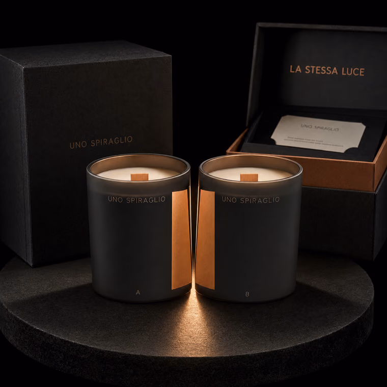 Coppia di candele A e B in vetro fumé con fascia in rame
