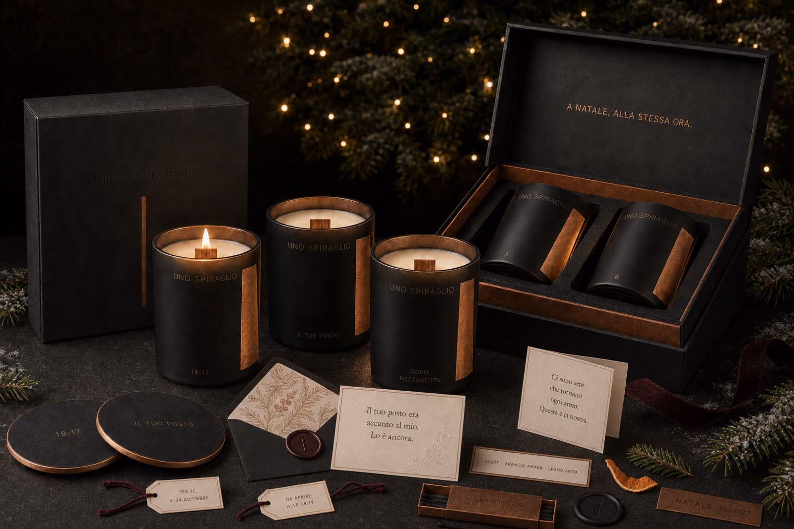 La collezione Natale di Uno Spiraglio: tre candele in vetro nero con la fascia in rame serigrafata e i nomi 18:17, Il tuo posto e Dopo mezzanotte, una accesa; il cofanetto aperto con le candele A e B e la scritta «A Natale, alla stessa ora» dentro il coperchio; i medaglioni, la busta con il sigillo di ceralacca, i cartoncini con i messaggi, i cartellini regalo e la scatola di fiammiferi, davanti a un albero illuminato.