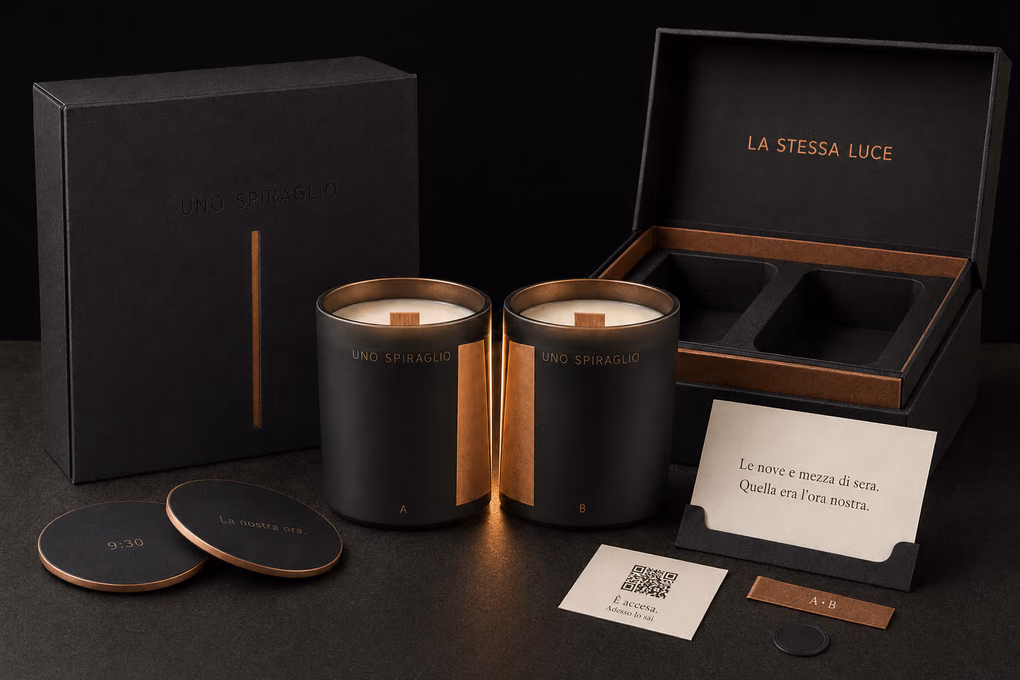 Il contenuto delle due confezioni: le candele A e B con la fessura di luce fra i due vetri, i due coperchi incisi, i due cartoncini con lo stesso messaggio e il QR, e i due medaglioni A e B.